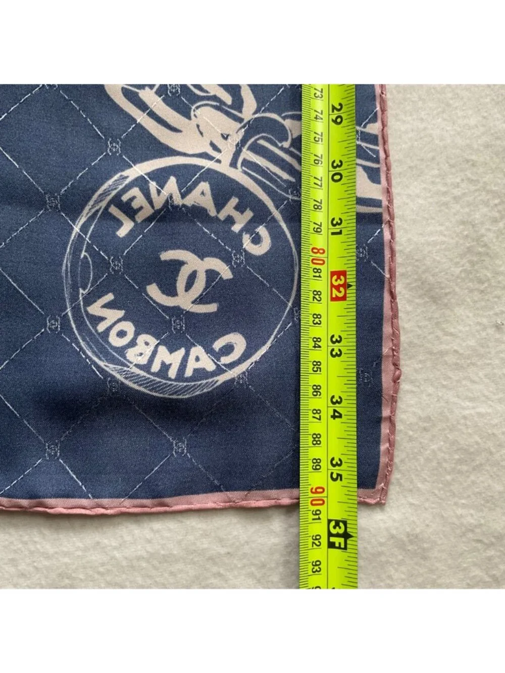Chanel silk square blue beige scarf 89 by 90 cm purse perfume heel bracelet logo